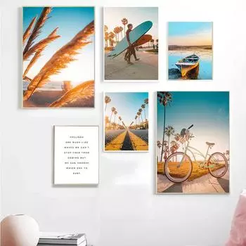 Закат, серфинг, плакаты на скандинавскую тему для мальчиков, принт, велосипед, паромная дорога, настенная живопись на холсте, пейзаж, настенные панно для гостиной, картина A4 21x30cm No Frame
