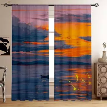Закат Звездное небо Пейзаж Картина маслом Печатные шторы Спальня Гостиная Кабинет Общежитие Декоративные шторы 2 шт. W50X130H(CM)X2PCS&Grommet Top