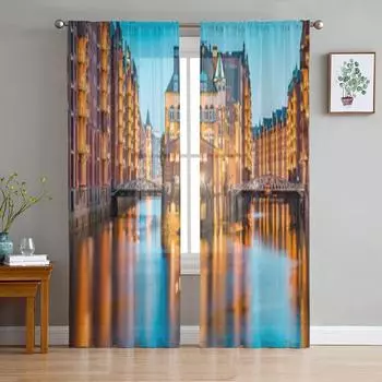 Закатное небо над гаванью Шпайхерштадт в центре города Тюль Прозрачные шторы для гостиной Украшения кухни Шторы из вуали и органзы 135W x 114H(cm)