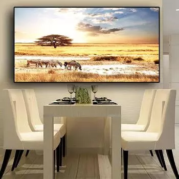 Закаты, африканская зебра, животные, пейзажные постеры и принты, холст, живопись, куадрос, скандинавская настенная картина для гостиной, без рамки 20*40cm