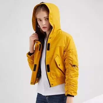 [ЗАКАЗ] Свободная осенне-зимняя женская куртка с капюшоном на хлопковой подкладке, женская модная короткая с длинными рукавами D690 S жёлтый