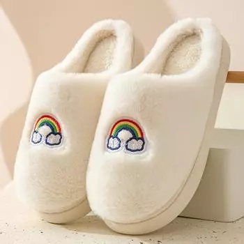 Закажите на размер больше милые хлопковые плюшевые тапочки с медведем, супермягкая подошва, закрытый носок, туфли на плоской платформе, уютные и теплые домашние тапочки 36-37 белый