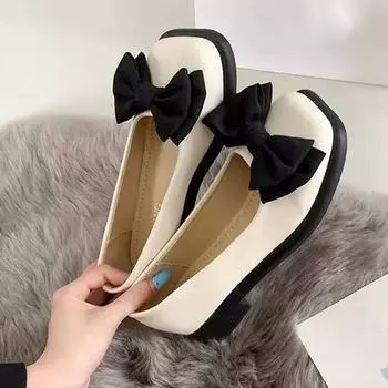 Закажите на размер больше женские однотонные туфли весна-осень ретро британский стиль квадратный носок бант однотонные туфли на низком квадратном каблуке мягкая подошва мягкие кожаные туфли 35 чёрный