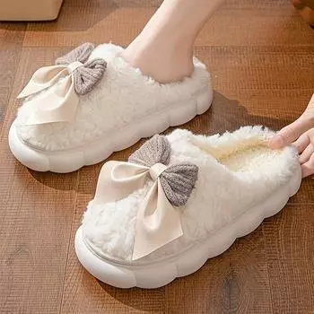 Заказывайте на один размер больше, удобные тапочки на платформе с бантом, мягкие, с плюшевой подкладкой, удобные туфли без застежек 36-37 белый