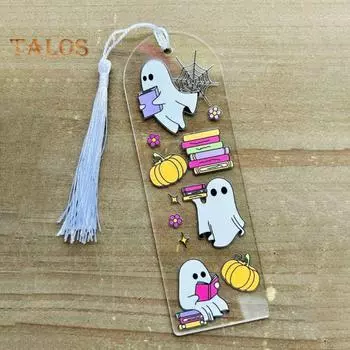 Закладка для книг на Хэллоуин с рисунком в виде тыквы-призрака, жуткая графика, прессованные акриловые закладки с кисточками чистый