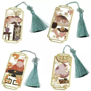 Закладка для книг с кисточками и выемкой в виде кошки, закладки в китайском стиле, металлические закладки для чтения, канцелярские принадлежности