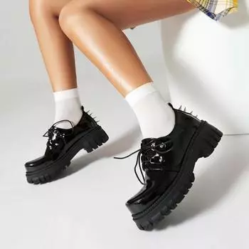 Заклепки Панк Готик Оксфорды Туфли для Девочек Шнуровка Массивная Платформа Мэри Джейн Женские Рок Туфли Лакированная Кожа Черный 42 6
