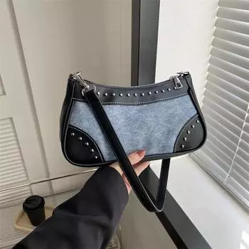 Заклепки ретро повседневная матовая текстура 2024 новый иностранный стиль цветовое соответствие мода полумесяц сумка подмышки сумка женская чёрный