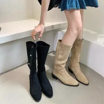 Заклепки женские ковбойские сапоги в стиле вестерн модные остроносые туфли осень-зима на низком каблуке женские длинные рыцарские сапоги 35