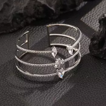 ZAKOL Темпераментный трехслойный браслет-манжета с микро-вставками из циркона для женщин, роскошный, сияющий, цвет серебра, с кубическим цирконием, для свадебной вечеринки