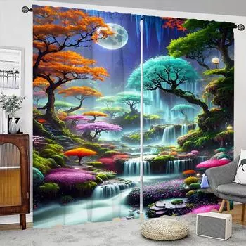 Заколдованный лесной водопад пейзаж напечатанный занавес 2панели светофильтрующий кармашек для гостиной спальни кабинета декоративный (W50cmxH130cm)x2&Rod Pocket