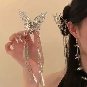 Заколка-бабочка с кисточками, наполовину завязанная заколка для волос на затылке, 2 шпильки One Size серебряный