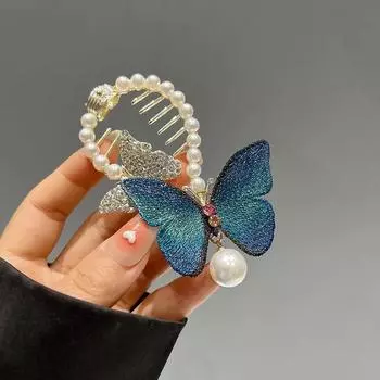 Заколка для хвоста с бабочкой и жемчугом, элегантные аксессуары для волос для женщин, темпераментный шарик, заколка для волос, металлические заколки, головной убор, пряжка на голову синий