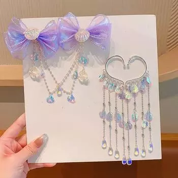 Заколка для волос для девочек из мультфильмов, детская принцесса-русалка, жемчужная бахрома, розовый, фиолетовый бант, цепочка для лба, заколка для волос, фея, заушник, аксессуары