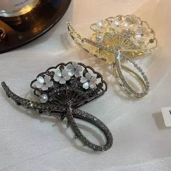 Заколка для волос из цинкового сплава с веером, женская заколка-коготь в виде акулы, блестящая заколка для волос со стразами золотистый