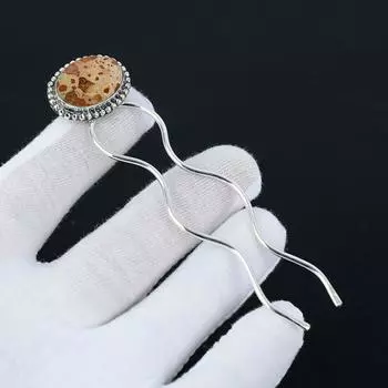 Заколка для волос из леопардовой кожи, драгоценный камень, яшма, ручная работа, серебро 925 пробы - свадебный аксессуар, держатель для пучка для тонких и густых волос, подарки для нее 3.14 красный/жёлтый