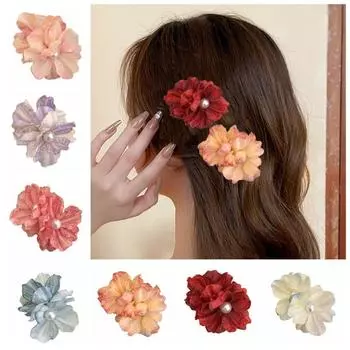 Заколка для волос из ткани с цветком из жемчуга для девочек, модная заколка для волос из шелка с цветком, лето синий