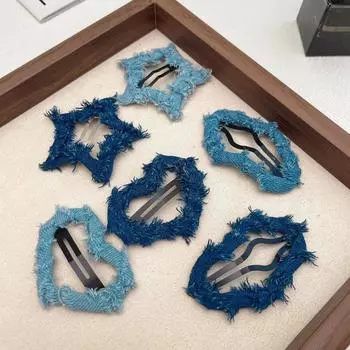 Заколка для волос из ткани синего денима, милая, крутая, для девочек 2000 года, корейская мода, сломанная заколка для волос в форме сердца и звезды на лбу