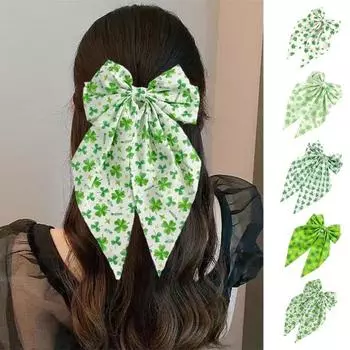 Заколка для волос из зеленой ленты с бантом и узором в виде четырехлистного клевера, пружинная заколка для затылка, заколка для волос в милом стиле 4