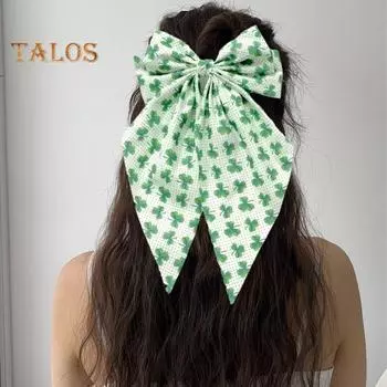 Заколка для волос из зеленой ленты с бантом и узором в виде четырехлистного клевера, пружинная заколка для затылка, заколка для волос в милом стиле 6