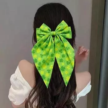 Заколка для волос из зеленой ленты с бантом и узором в виде четырехлистного клевера, пружинная заколка для затылка, заколка для волос в милом стиле 1