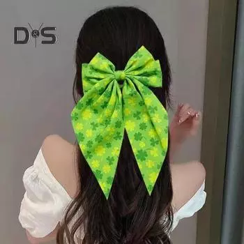 Заколка для волос из зеленой ленты с бантом и узором в виде четырехлистного клевера, пружинная заколка для затылка, заколка для волос в милом стиле 1