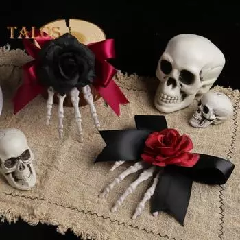 Заколка для волос на Хэллоуин, скелет, ручная рамка, искусственный цветок розы, бант, украшение, заколка для волос, темная шпилька в стиле ужасов One Size 1