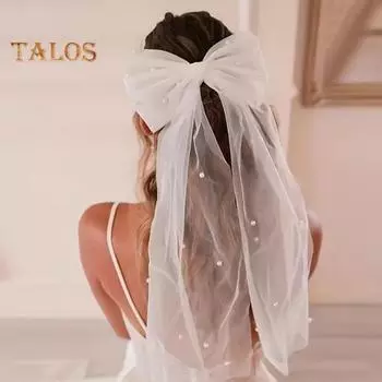 Заколка для волос невесты с бантом, фата из искусственного жемчуга, свадебный головной убор из белого тюля, свадебный аксессуар для волос на медовый месяц