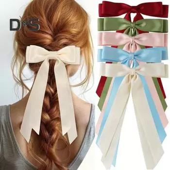 Заколка для волос с бантом, двухслойный дизайн, гладкий атласный бант, декор, однотонная шпилька, аксессуар для волос чёрный