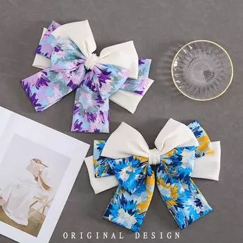 Заколка для волос с бантом, однотонная атласная заколка большого размера, романтическая многослойная маленькая жемчужная картина маслом, открытка для волос ~ синий