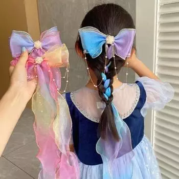 Заколка для волос с бантом, популярная длинная детская заколка для волос на Хэллоуин, искусственный жемчуг, длинная заколка для волос с лентой, заколка для волос, подарки на Хэллоуин