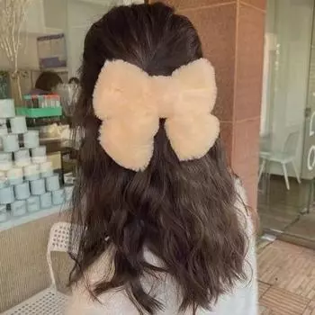 Заколка для волос с большим бантом для девочки, однотонная, плюшевая текстура, заколка для волос, стиль осень-зима белый