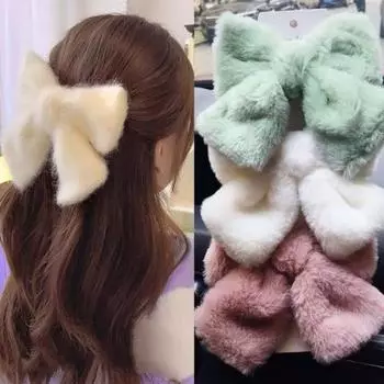 Заколка для волос с большим бантом для девочек, однотонная плюшевая текстура, заколка для волос, осенне-зимний стиль, аксессуар для волос на каждый день чёрный