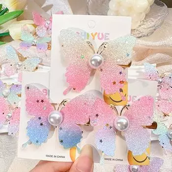 Заколка для волос с цветными бабочками и жемчугом для девочек, аксессуары для волос, завитые волосы, градиентные заколки для волос, изысканный головной убор, украшение для волос, подарок