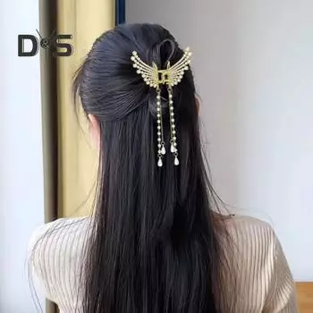 Заколка для волос с длинной бахромой, искусственным жемчугом, бабочками, декором, заколками для волос, для женщин и девочек, прически для дома, на открытом воздухе, для игр, украшения для волос 4
