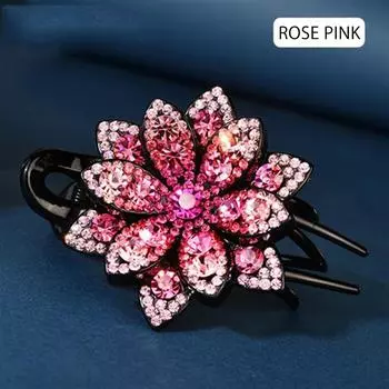 Заколка для волос с двойным цветком, женские длинные волосы, ювелирные изделия для взрослых, толстая шпилька с кристаллами, гибкий дизайн с жемчугом A чёрный