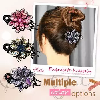 Заколка для волос с двойным цветком, женские длинные волосы, ювелирные изделия для взрослых, толстая шпилька с кристаллами, гибкий дизайн с жемчугом A чёрный