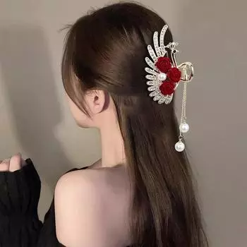 Заколка для волос с флокированной розой и павлином красный