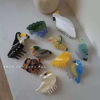 Заколка для волос с французским дизайном в виде птицы, соответствующего цвета, заколка для волос с изображением акулы, заколка для волос с павлином, попугаем и уксусной кислотой 6