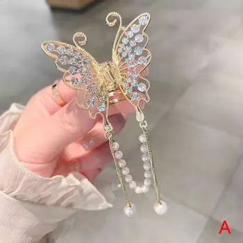 Заколка для волос с кисточкой, бабочкой и жемчугом, женская заколка для волос с когтями, аксессуар для волос в виде краба