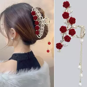 Заколка для волос с кисточкой и красной розой в стиле ретро