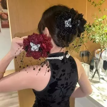 Заколка для волос с кисточкой из перьев пиона для женщин и девочек с высокой крышкой и дизайном в виде кости, крепкая акула 11cm красный