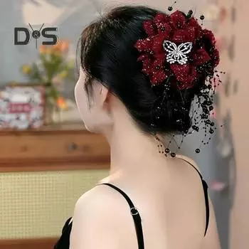 Заколка для волос с кисточкой из перьев пиона для женщин и девочек, высокая заколка с косточкой, прочный зажим для волос в виде акулы, аксессуар для волос 11cm чёрный