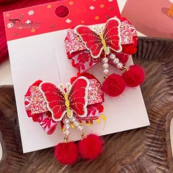 Заколка для волос с красным бантом и мягкими нечеткими помпонами и кисточками. Симпатичный китайский стиль для женщин и девочек. Дети Весенний фестиваль. Аксессуары для волос. Подарок на Новый год. красный