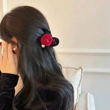 Заколка для волос с жемчужно-красной розой, цветочная бархатная повязка на голову, персонализированный бархатный бант для волос, уличная одежда F-Duckbill clip