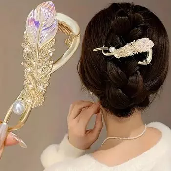 Заколка для волос со стразами в винтажном стиле - дизайн перьев из цинкового сплава, подходит для повседневного и праздничного ношения 1PCS золотой