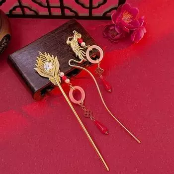 Заколка для волос в китайском стиле Дракон и Феникс с кисточками для женщин и девочек, длинные заколки для волос, украшение, китайский древний костюм ханьфу, аксессуары для волос A