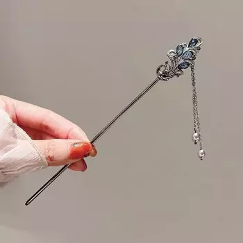 Заколка для волос в китайском стиле с кисточкой в виде цветка из туши для женщин, для девушек, винтажная, металлическая, с черными бусинами, с бахромой, зажим для волос, украшение для волос для ханьфу
