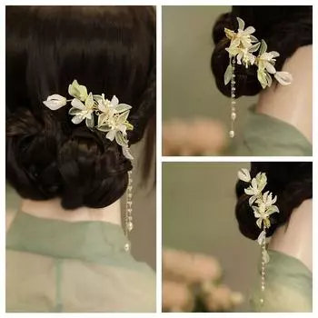 Заколка для волос в китайском стиле с зеленым цветком, освежающая цветочная жемчужина, кисточка, боковые зажимы Ханьфу 1 pcs