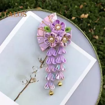 Заколка для волос в стиле веера с цветами, колокольчиками, декором из искусственного жемчуга, японское кимоно, старинная заколка для волос, аксессуары для волос светло-фиолетовый